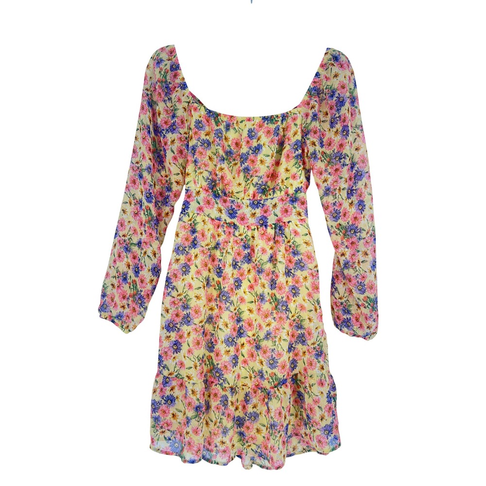 Rewind Juniors Yellow Floral Cut Out Tie Back Mini Dress XS Lined Boho Flowy